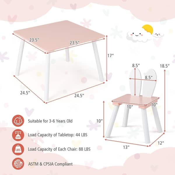 dimension image slide 2 of 3, Kids Table and Chair Set, 3 Pcs Wooden Play Table and 2 Cute Rabbit Chairs, Solid Wood Legs, Space-Saving