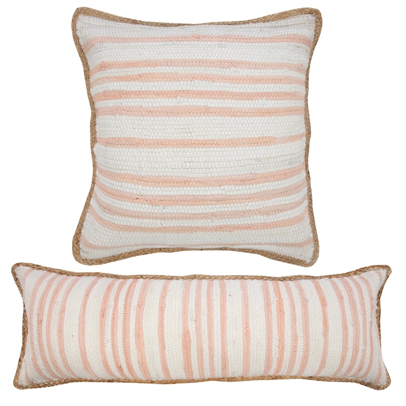Sevita Coral Pink and White Striped Jute Bordered Throw Pillow