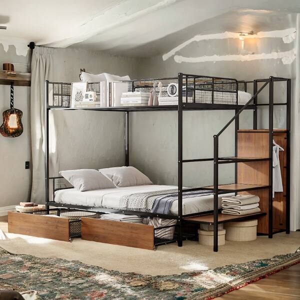 slide 2 of 7, Twin Over Full Home Metal Bunk Bed with Drawer and Lateral Ladder