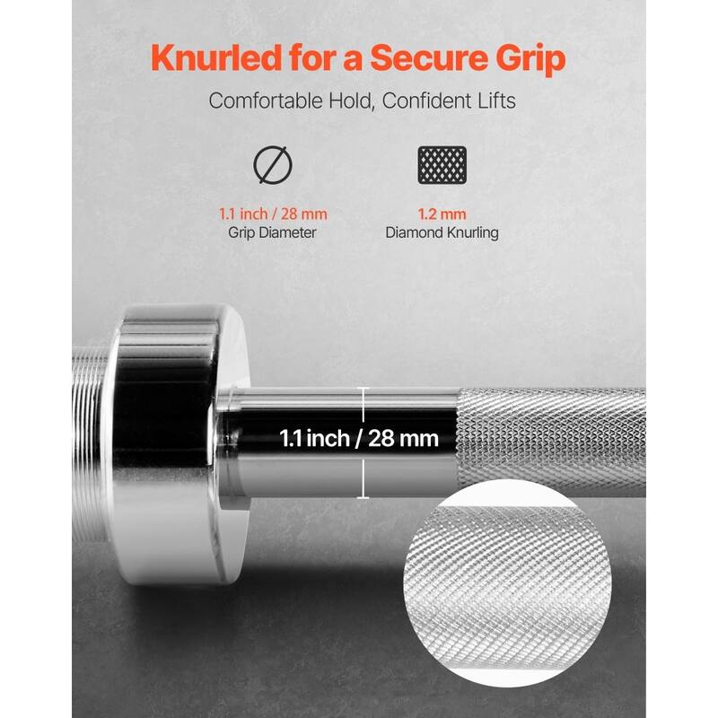 Silver Solid Steel Barbell with 500lbs Capacity and Rotating Sleeves and Knurled Grip