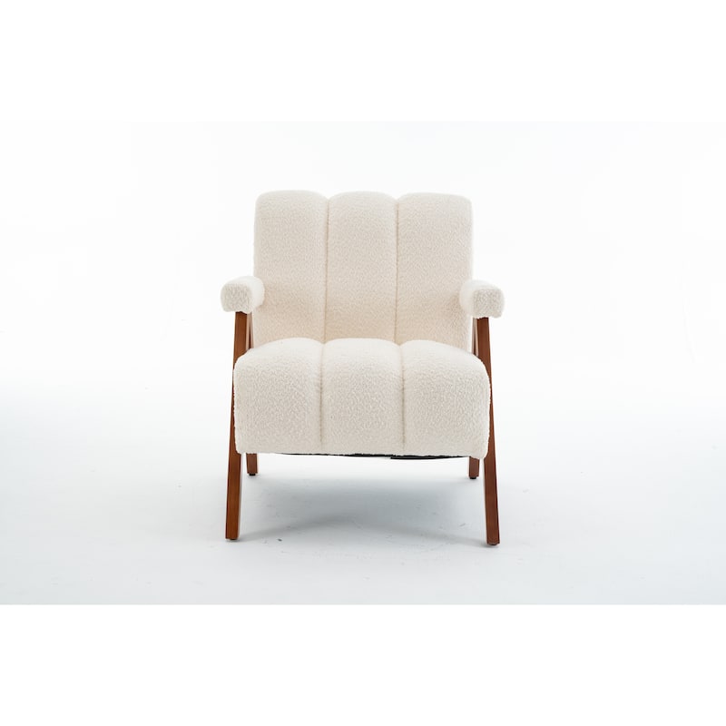 Mid Century Modern Accent Chair, Chenille Armchair with Solid Wood Legs, Channel Tufted Comfy Reading Chair for Living Room