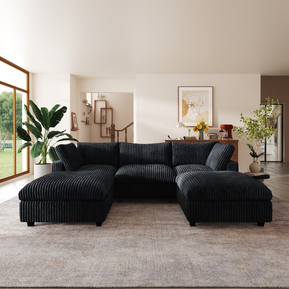 118'' U-shape Plush Fabric Upholstered Sectional Sofa 3 Seats with 2 Ottoman Modular Couch