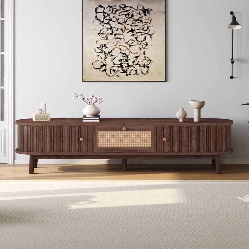 Modern TV Stand Media Console, for 75" TVs with Rattan-Front Drawer and 2 Sliding-Door Cabinets, for Living Room