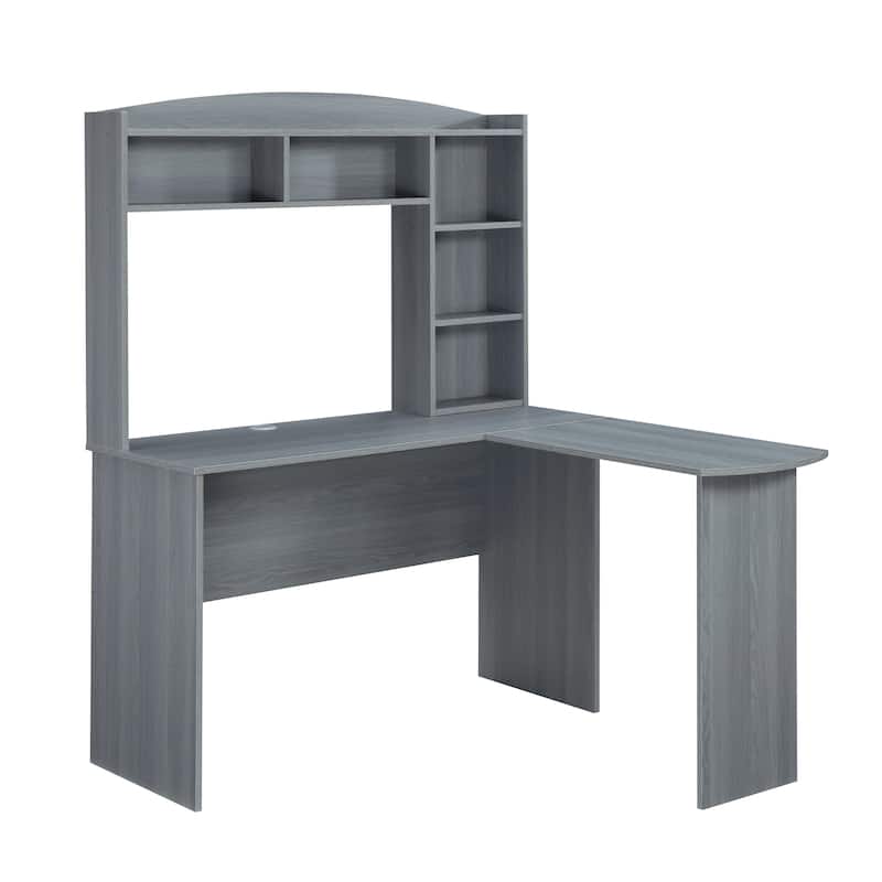 Modern L-Shaped Computer Desk with Storage and Shelves - Gray Color