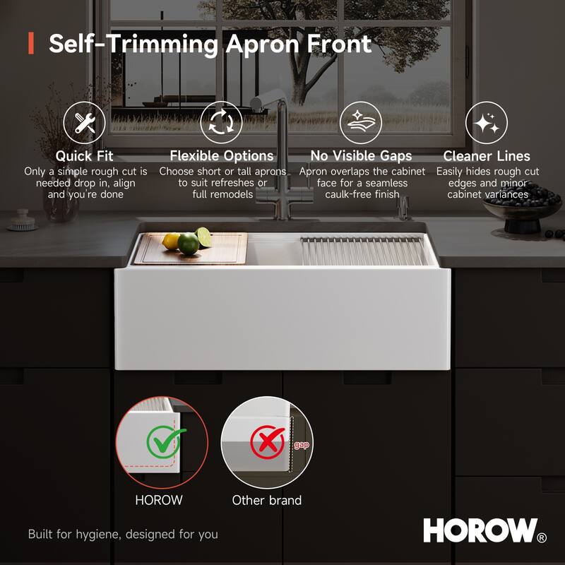 HOROW 33 in. Farmhouse Single Bowl White Ceramic Kitchen Sink with Front Apron, Workstation, Bottom Grid and Strainer