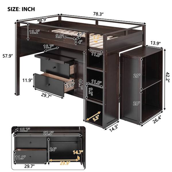 dimension image slide 2 of 3, Twin Pine Loft Bed with Rolling Cabinet and Desk