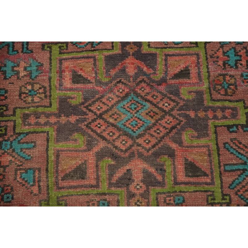 Hand Knotted Oriental 100% Wool Carpet Traditional Geometric Pink Heriz Runner Rug - 9' 5'' X 3' 0''