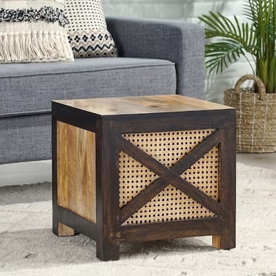 Roomfitters Rustic Mango Wood End Table with Woven Rattan Panel, Square Accent Coffee Table for Living Room, Natural
