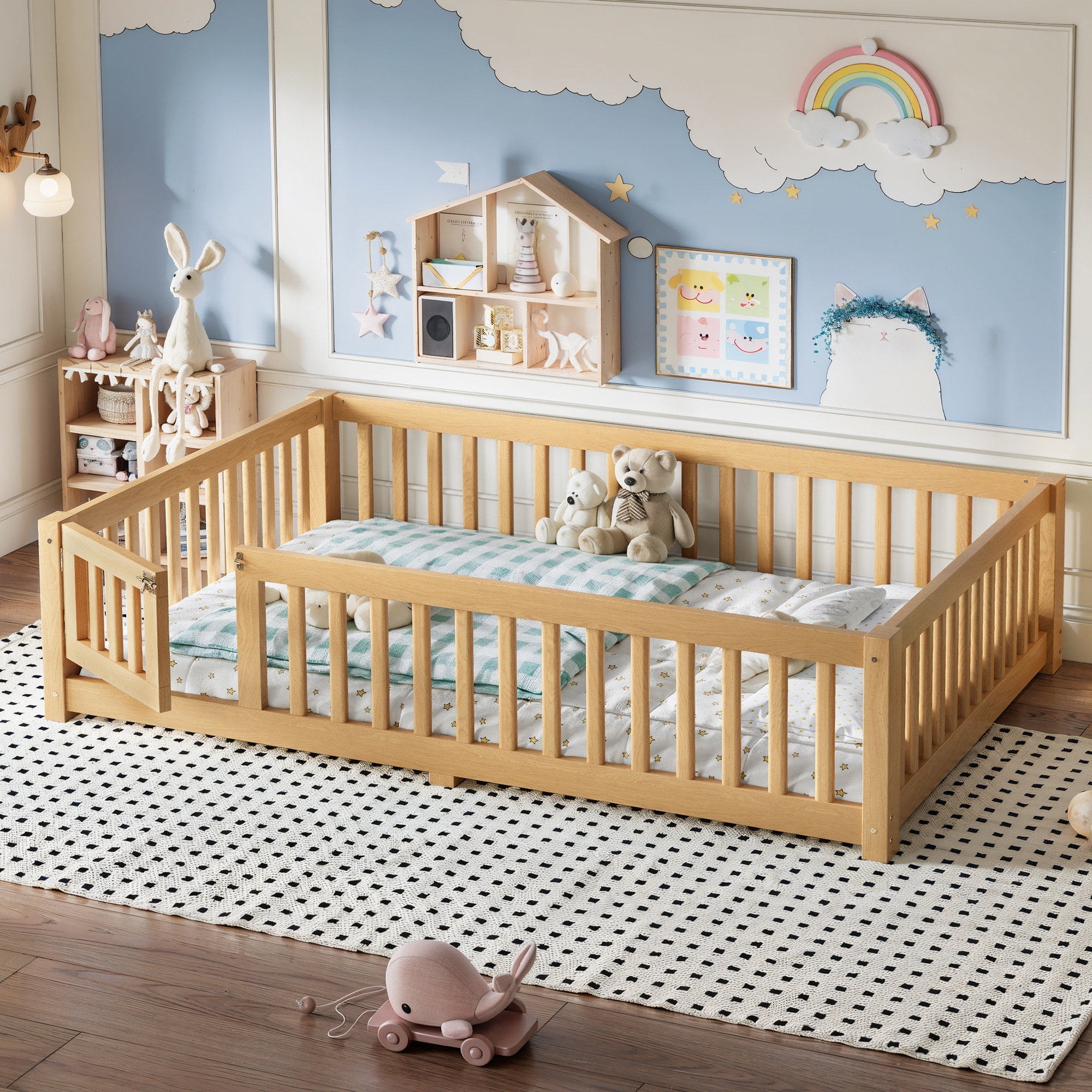 Full Size Bed Floor Bed with Safety Guardrails and Door for Kids
