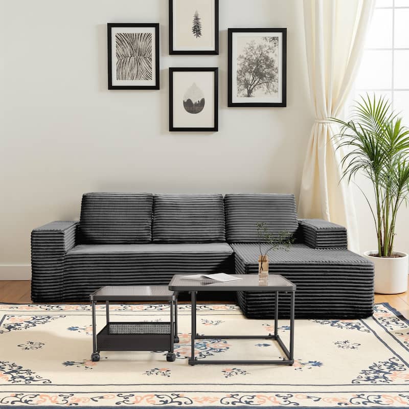 Meyreso No Assembly Required Long Plush L-Shaped Sectional Sofa with Square Nesting Coffee Tables - Grey - Left Chaise