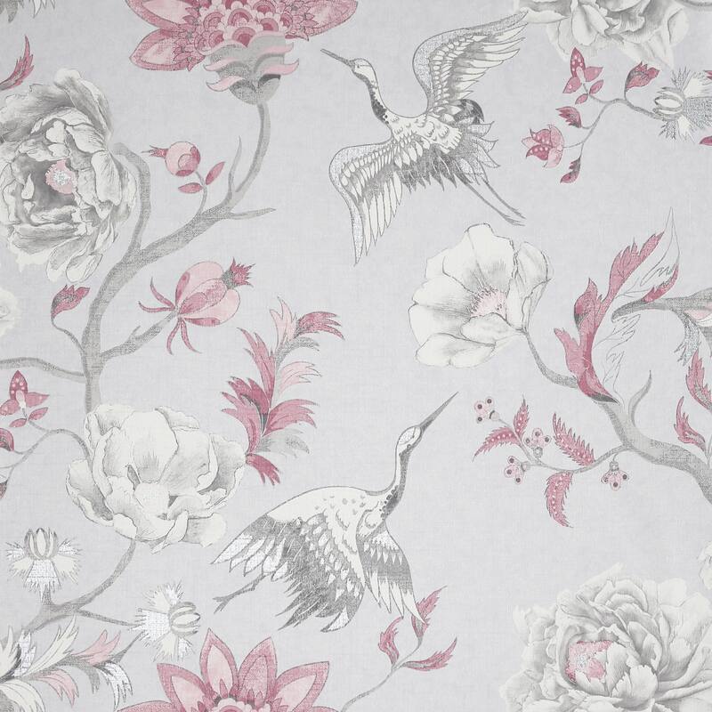 Japanese Floral Crane Grey & Pink Vinyl Wallpaper - 20.8 in. W x 33ft L - Double Roll