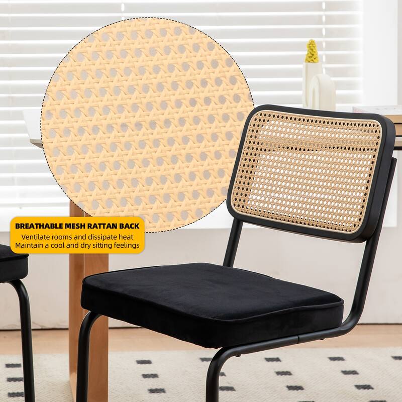 Set of 2 Upholstered Dining Chairs with Rattan Backrest and Metal Legs