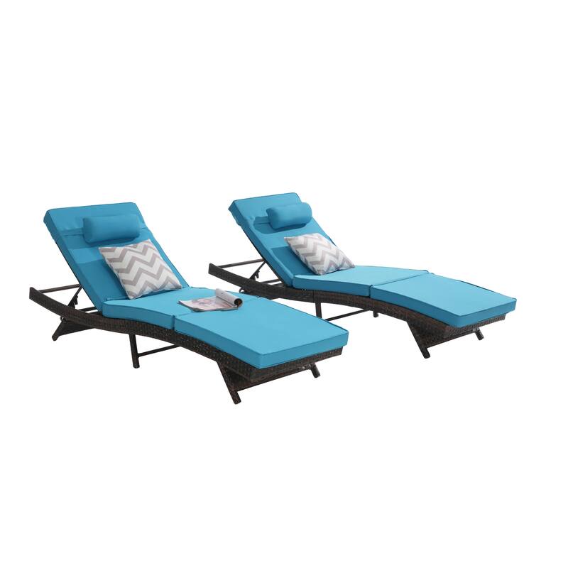 2 Piece Outdoor Wicker Long Reclining Chair Set, Sunbathing Recliner for Beach Poolside Garden