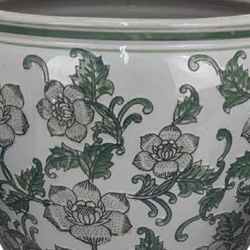 Hely 3 Planter Set, Green Vine Pattern Gray Ceramic 20, 14, 10 Inch
