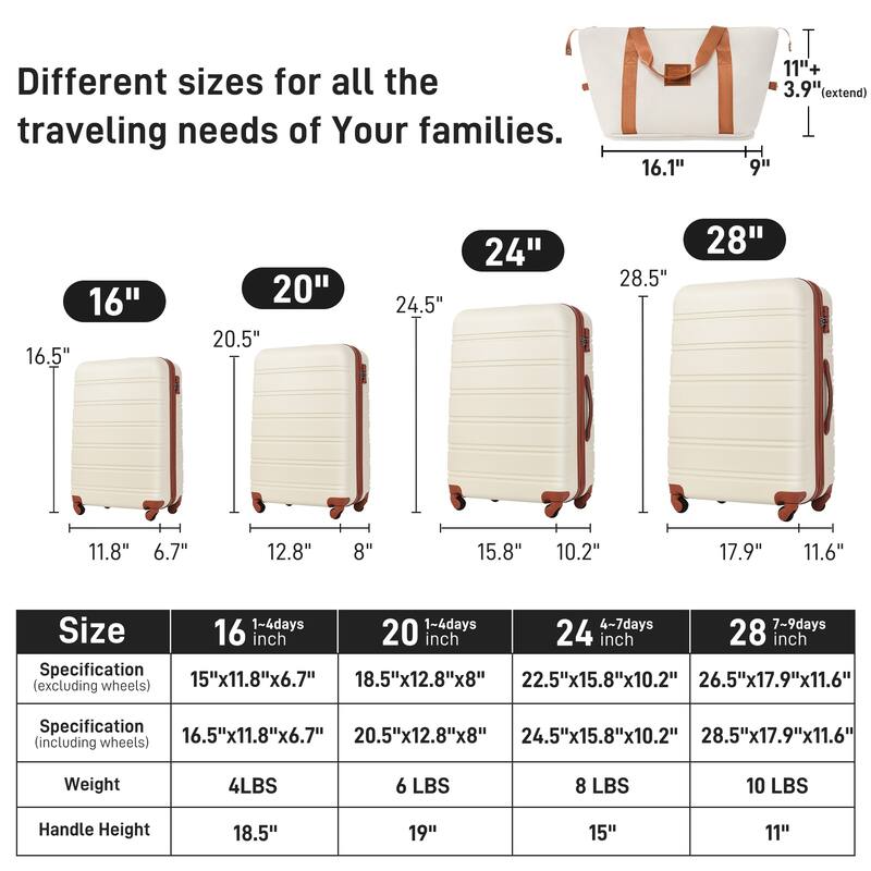 Merax Luggage Suitcase Spinner Hardshell w/TSA Lock and Storage Bags, 4 Piece ABS Lightweight Durable Suitcase Set, for Travel