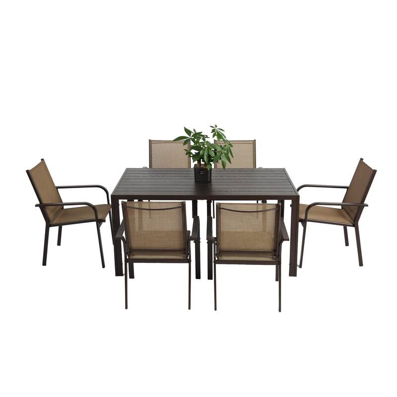 7 Pieces Patio Dining Set, Outdoor Furniture Table and 6 Textilene Chairs, Outdoor Furniture with Rectangular Table and