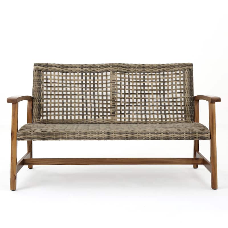 Hampton Outdoor Wood and Wicker Loveseat by Christopher Knight Home - Gray+Natural Stained Finish