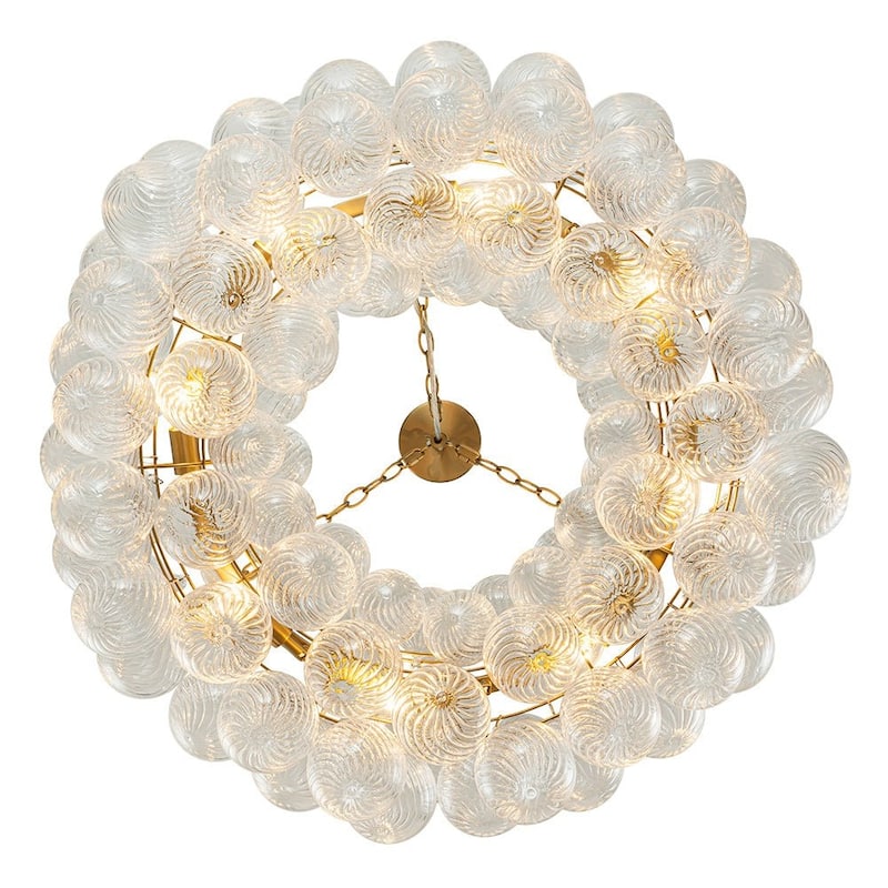32in 8-Light Swirled Glass Globe Brass Wheel Bubble Pendant Chandelier