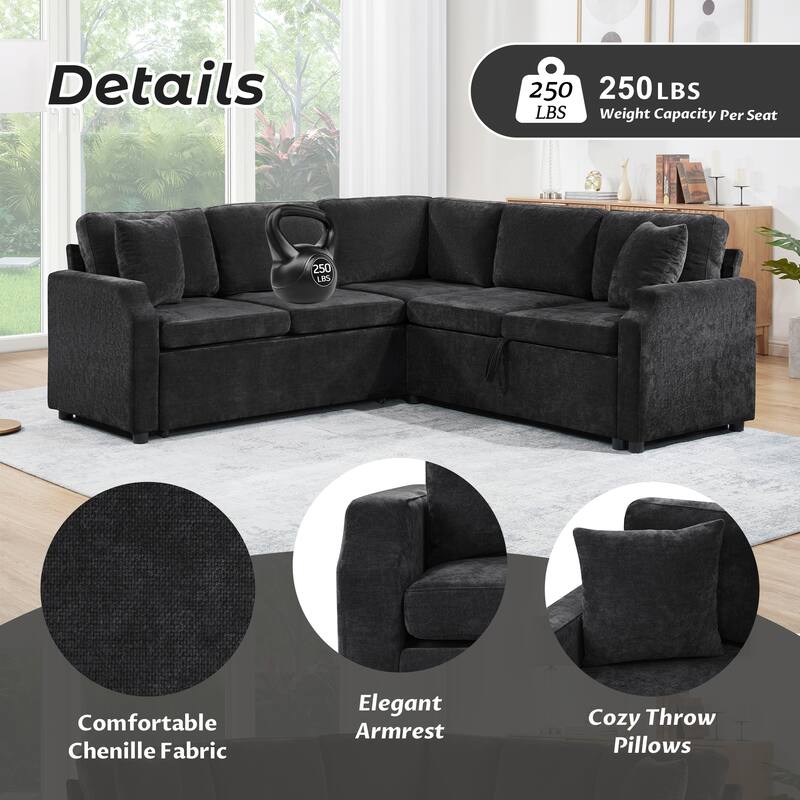 L-Shaped Sectional Upholstered Sleeper Sofa Convertible Pull-out Sofa Bed with Hidden Storage Space, Chenille Fabric