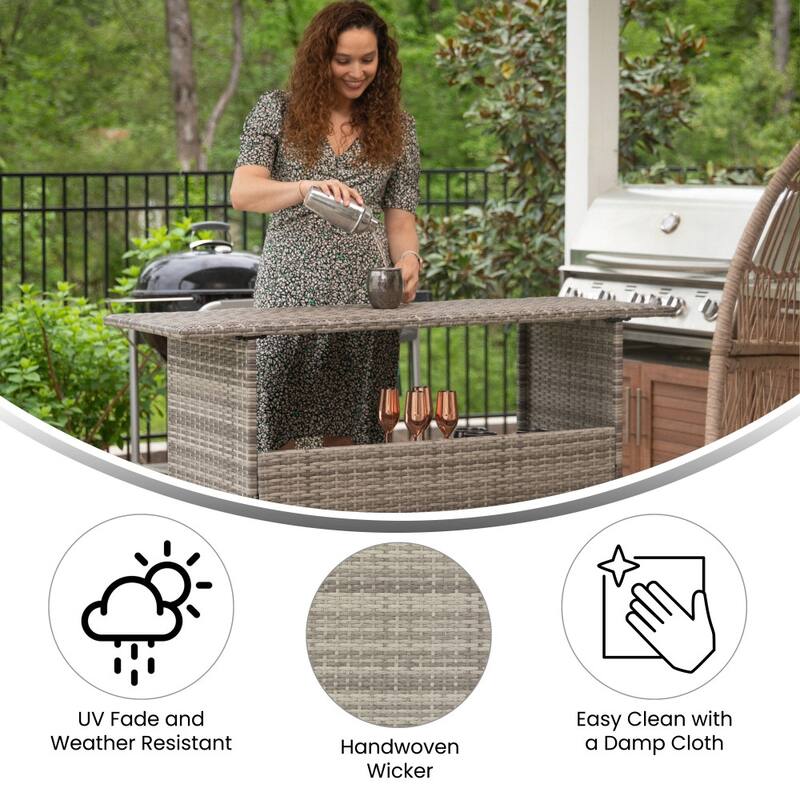 Indoor/Outdoor Wicker Rattan Patio Bar Counter Table with Two Shelves
