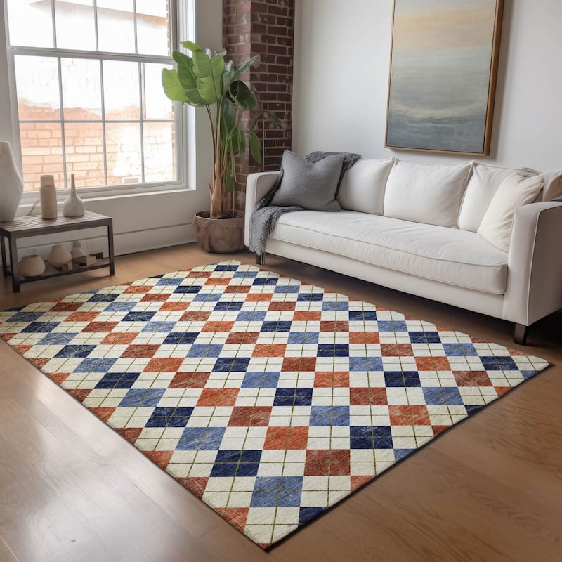 Machine Washable Indoor/ Outdoor Modern Argyle Chantille Rug