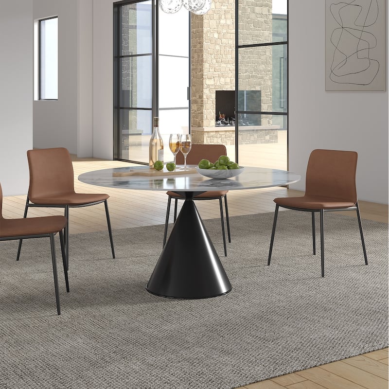 Modern Round Stone Top Black Titanium Stainless Steel Pedestal Dining Table