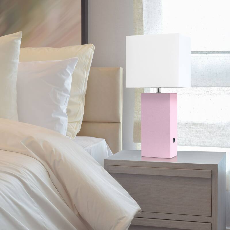 Modern Leather Table Lamp with USB and White Fabric Shade