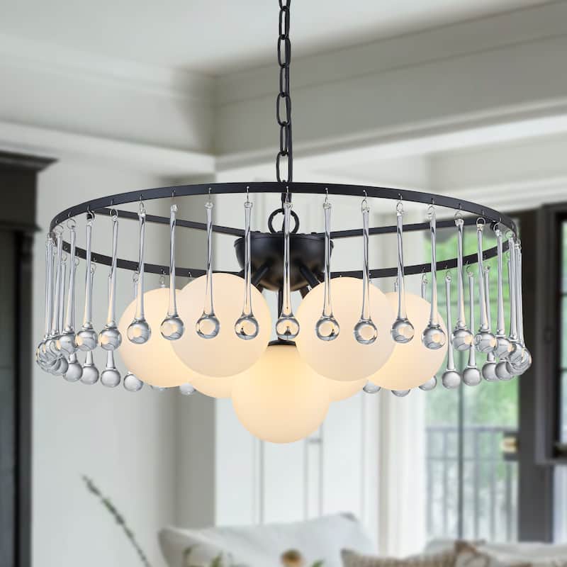 7-Light Modern Circular Chandelier with White Glass & Crystal Accents - Dia.23.62-in