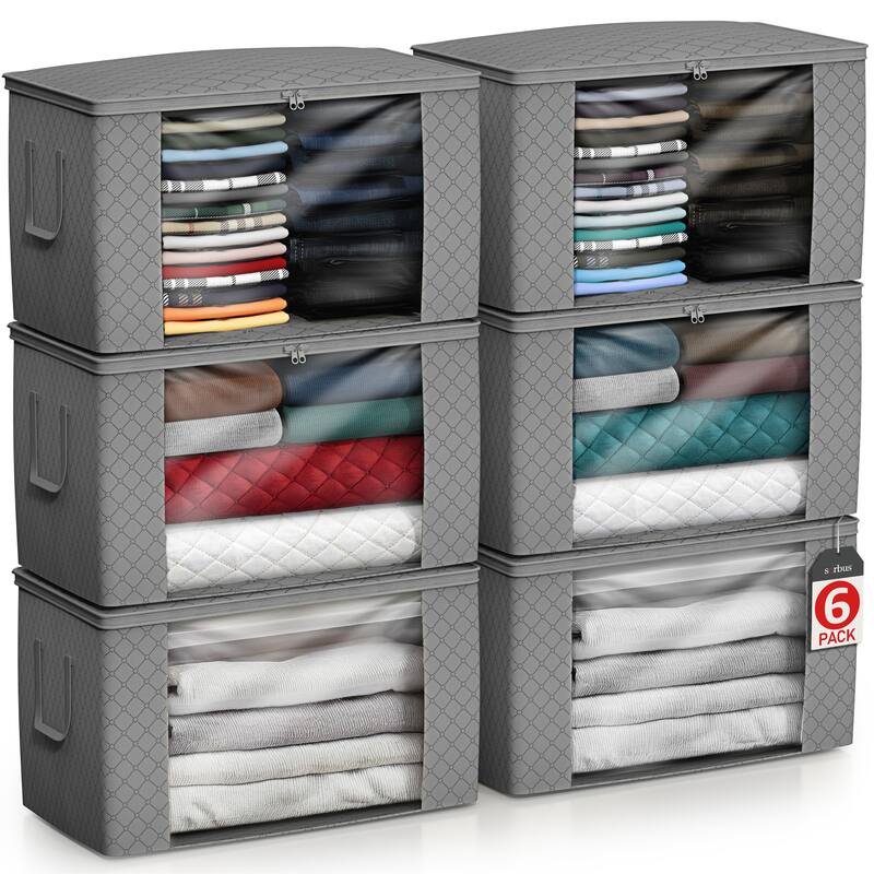 Sorbus Foldable Storage Bag Organizers, Large Clear Window & Carry Handles, Great for Clothes, Blankets, and More - 6 Pack - Grey