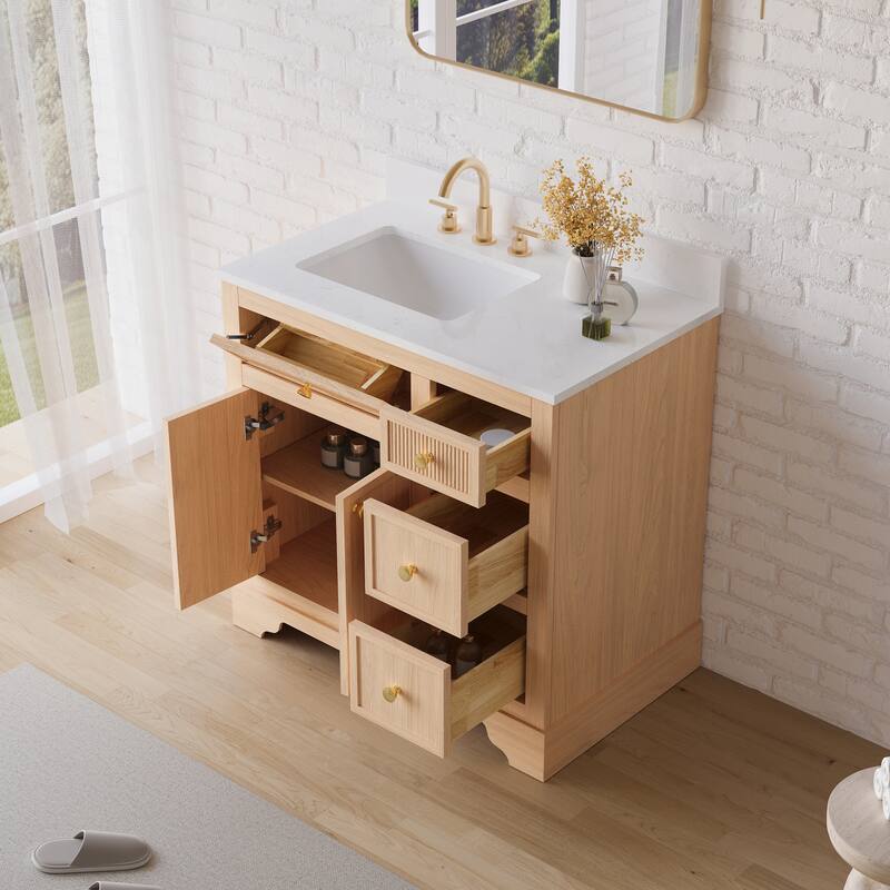 35''H Bath Solid Wood Vanity with Stain-resistant Carrera White Quartz Top And Single Sink