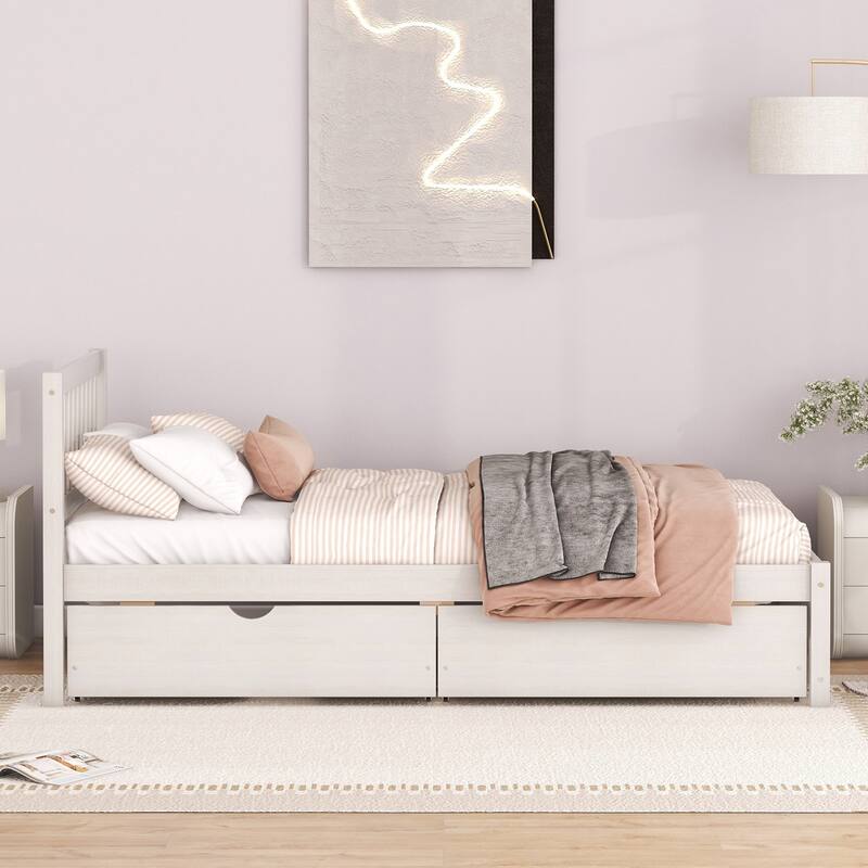 White Wood Twin Size Platform Bed with 2 Storage Drawers, Modern Design, No Box Spring Needed