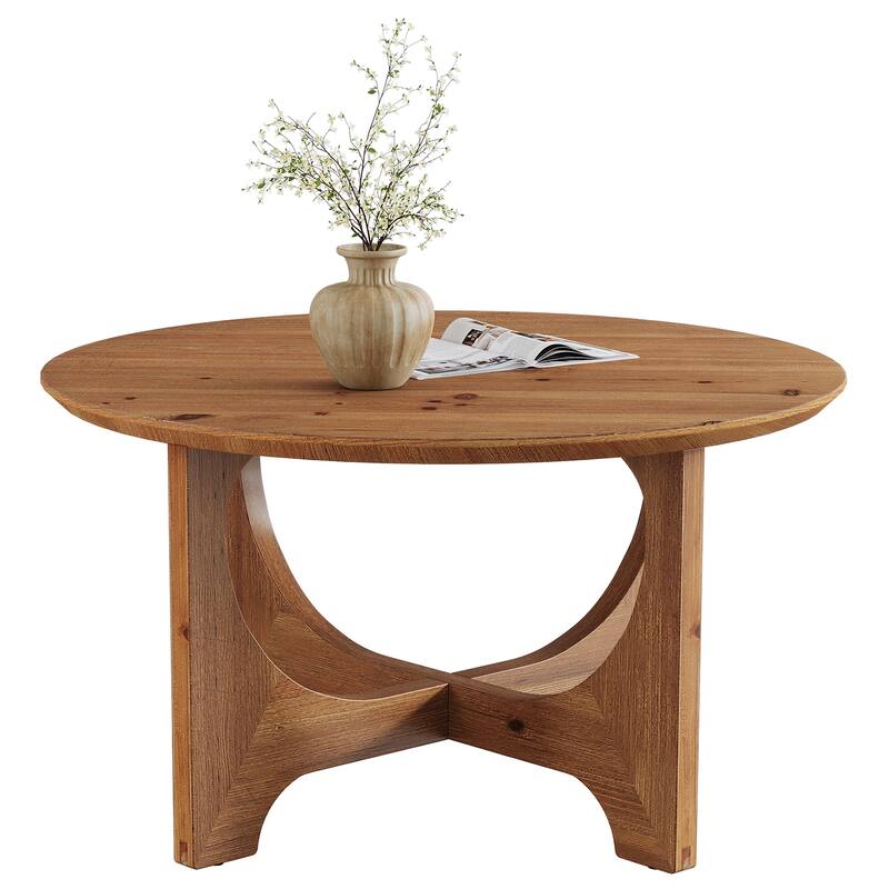 31.5-Inch Farmhouse Coffee Table, Solid Wood Round Center Table