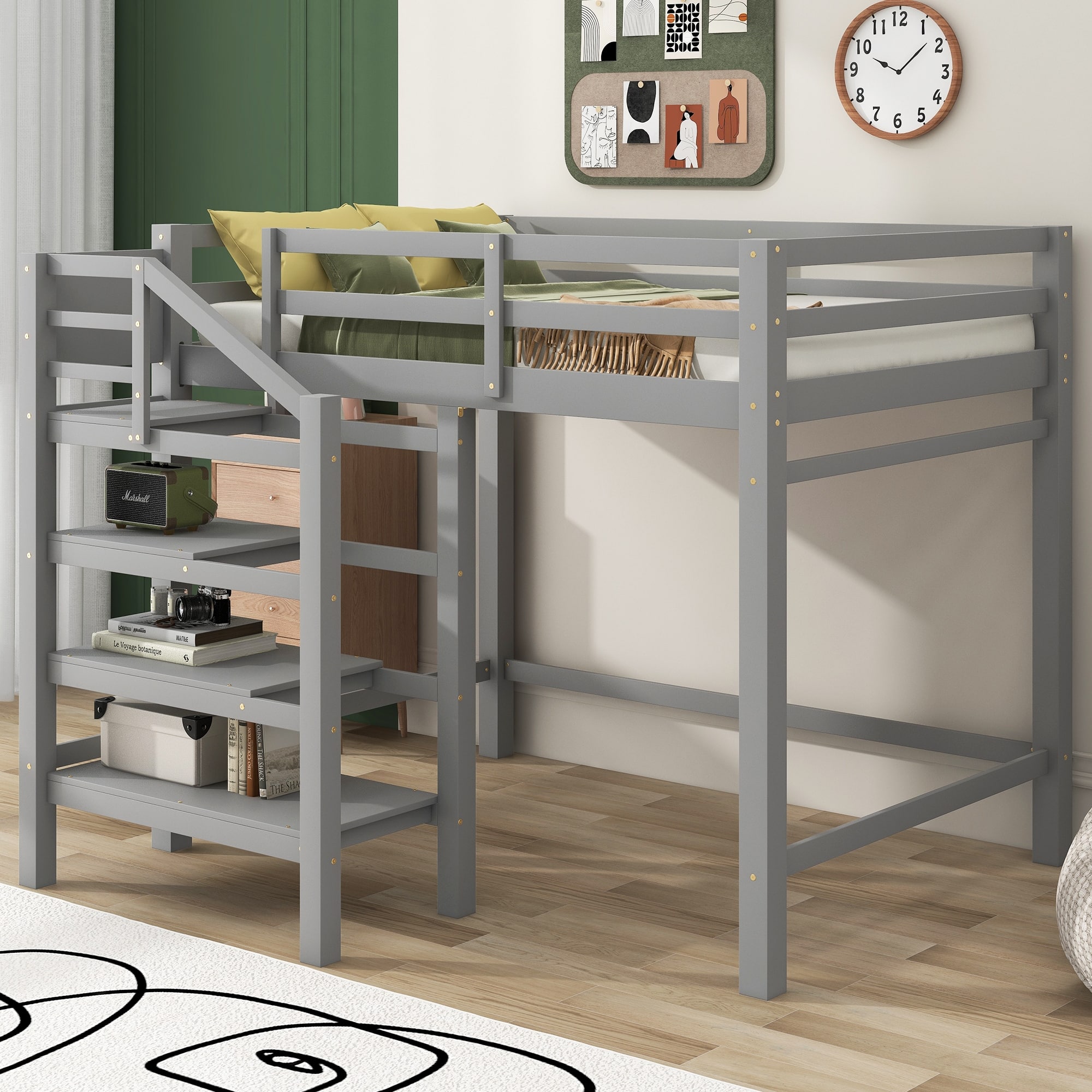 Full Size Wood Loft Bed w/Built-in Storage Stairs & Hanger for Clothes ...