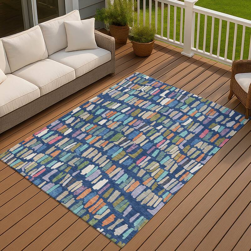Machine Washable Indoor/ Outdoor Modern Mosaic Chantille Rug - Navy - 10' x 14'