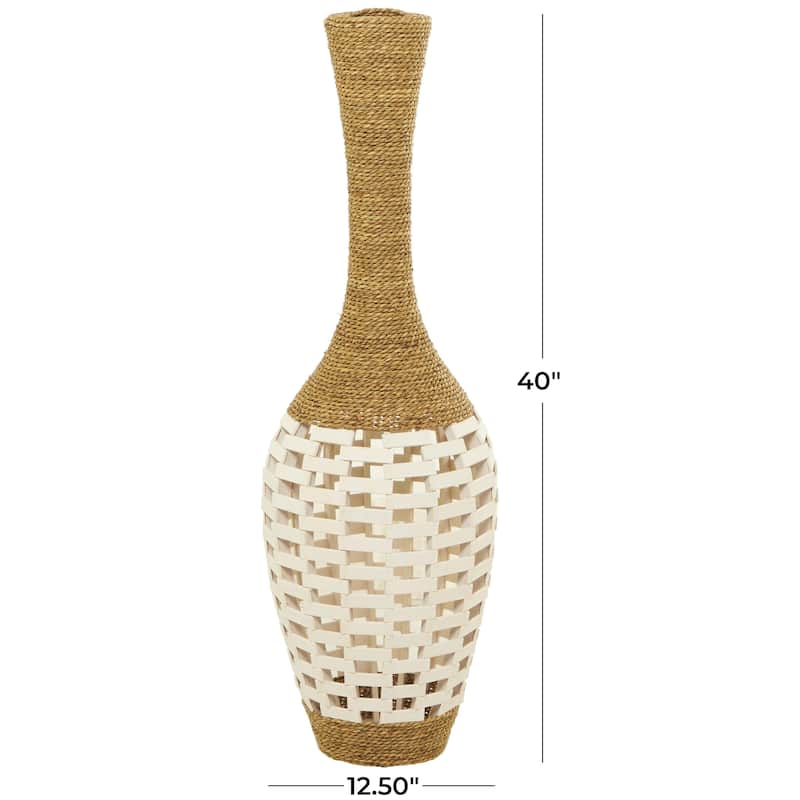 Seagrass Handmade Wrapped Tall Floor Vase with Cream Mosaic Bamboo Center - Brown - Roche River Decor - 13"W x 13"L x 40"H