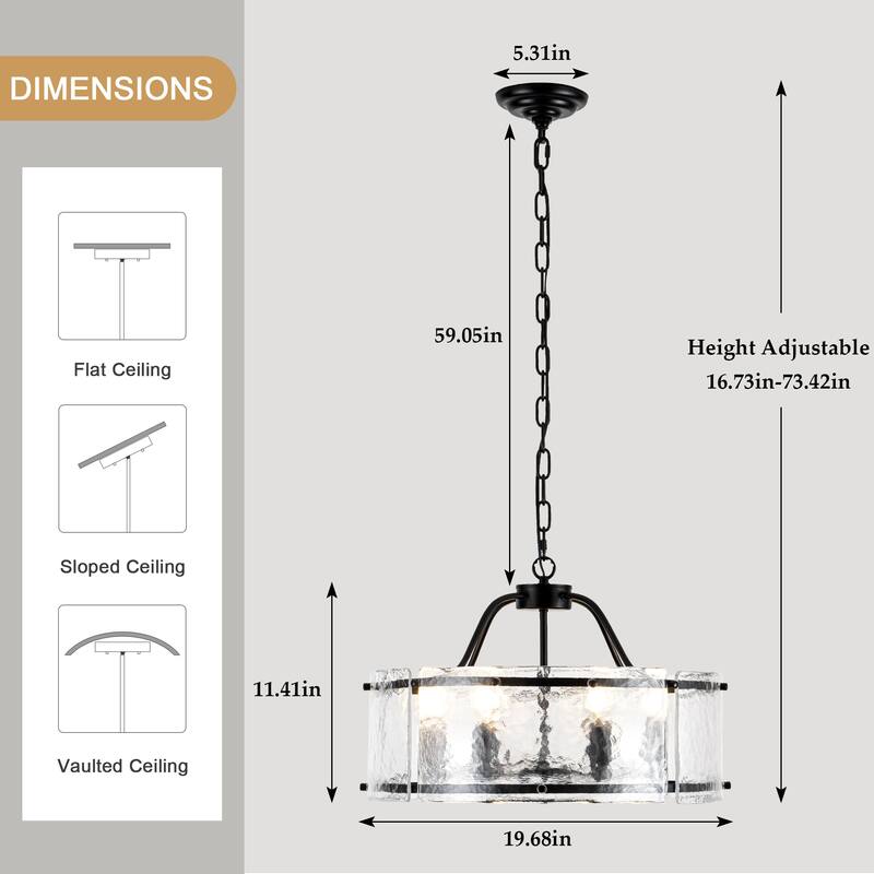 19.68-inch modern and stylish 6-light metal frame pendant lamp with rippled glass lampshade