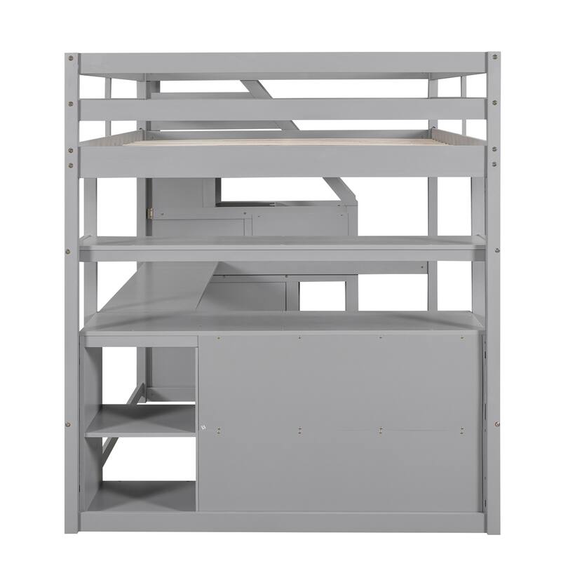 Full Size Loft Bed with Desk 2 Built-in Drawers and Storage Staircase