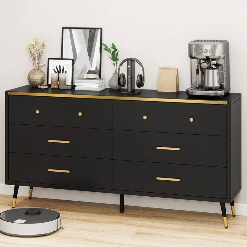 Modern 6 Drawers Storage Dresser Organizer TV Stand for 55" Black - 55 inches