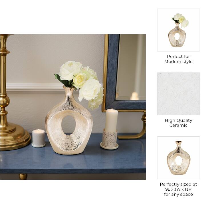 Modern Ceramic Textured Oval Cut-Out Vase - Home Decor - 13"