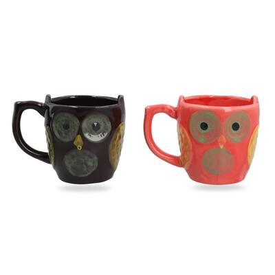 Shop LC Set of 2 Red and Black Ceramic Owl Coffee Mug - Medium