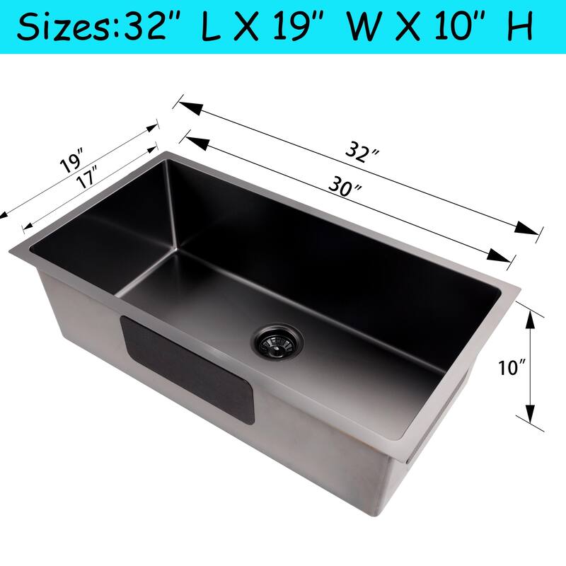 CB HOME 32" Black Undermount Kitchen Sink, Drop in Single Bowl Stainless Steel Sink - 32''x19''x10''