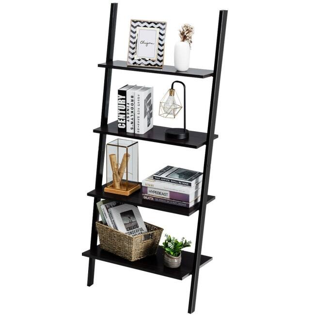 Multipurpose 4-Tier Industrial Leaning Wall Bookcase with Metal Frame - 25'' x 14'' x 60'' (L x W x H)