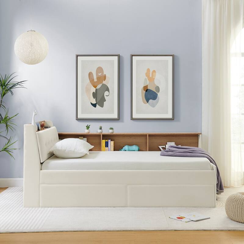 Twin Size Velvet Daybed with Storage, LED Lights, and Wireless Charging, Beige