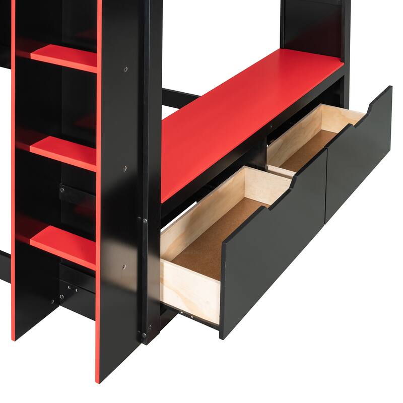 Full Size Loft Bed for Esports, Work with Built-in Adjustable Desk, Hidden Storage Headboard, RGB Light Strips and Hanging Rod