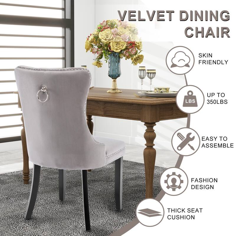 Set of 2 Hollywood Glam Velvet Dining Chairs – Tufted Back with Nailhead Trim and Ring Pull, Modern Accent Side Chairs