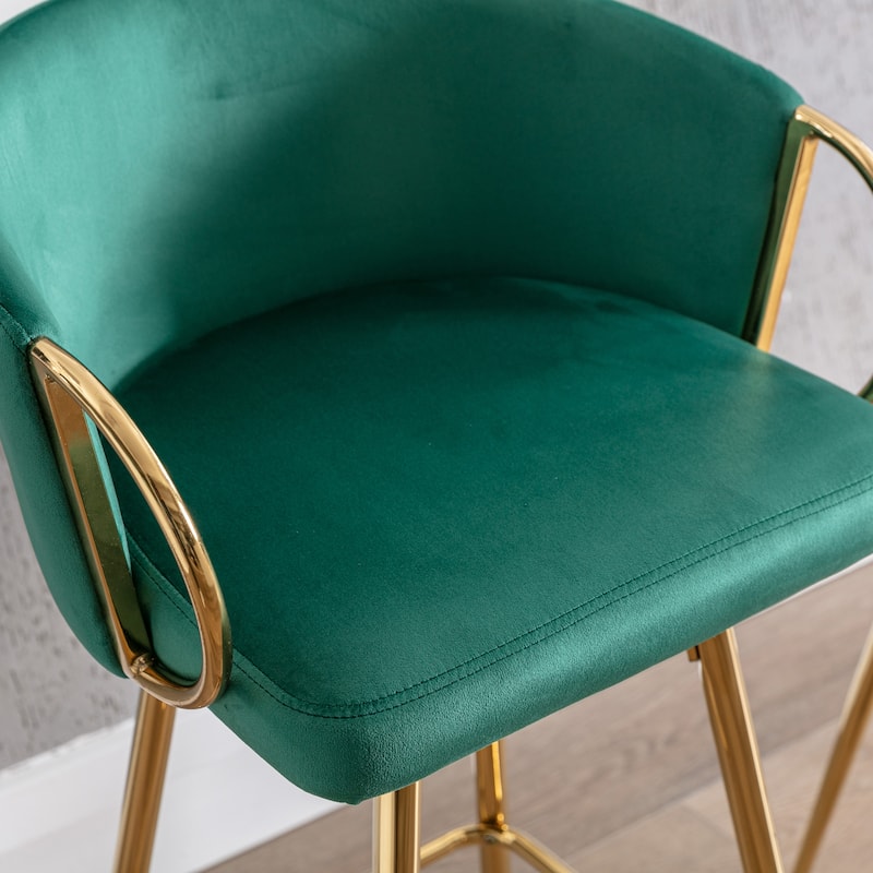 Counter Height Bar Stools Set of 2, Velvet Bar Stools with Armrests, Kitchen Island Chairs with Footrest and Metal Legs