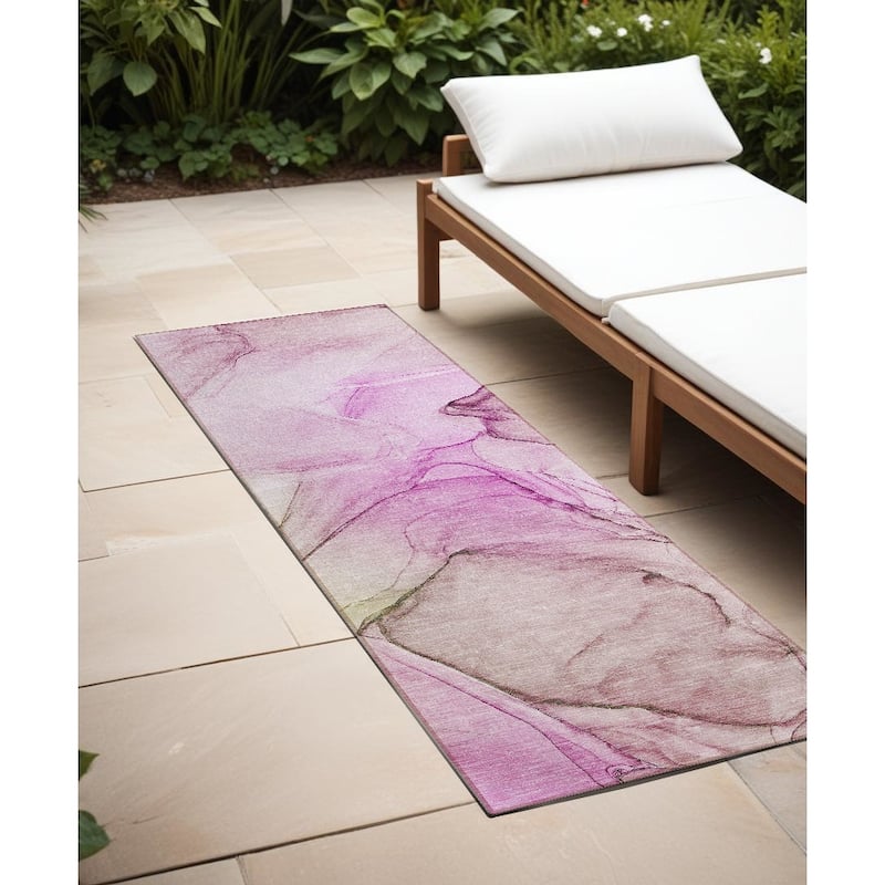 Gaz Modern Art-Inspired Weather Resistant Classic Meets Modern Outdoor Rug - 8' Runner - Pink