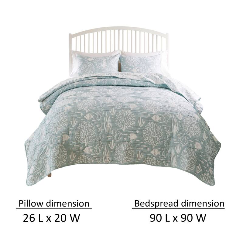 Amy 3pc Full Queen Coverlet Pillow Sham Set, Coastal Design Seafoam Blue