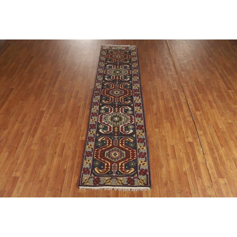 Hand Knotted Oriental 100% Wool Carpet Traditional Geometric Navy Blue & Blues Heriz (serapi) Runner Rug - 9' 10'' X 2' 6''