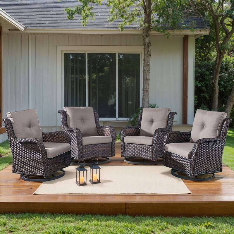 Pocassy 4Pieces Swivel Glider Chairs with 5Inch 6Inch Cushion - Brown Wicker Grey Cushion - 4PCS Swivel Chair with 4 Inch Cushion
